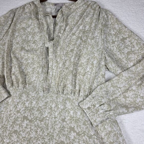 H&M Green White Ditsy Floral Long Sleeve V Neck Shift A Line Dress Size XXL - Picture 13 of 14